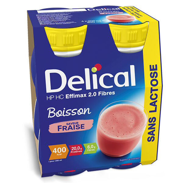 Delical Boisson HP HC Effimax 2.0 Fibres sans Lactose Fraise Lot de 4 x 200ml