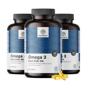HealthyWorld 3x Omega-3 1000 mg – aus Fischöl, zusammen 1095 Weichkapseln