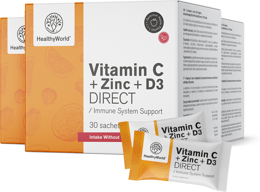 HealthyWorld 3x Vitamin C 500 + Zink + D3 DIRECT, zusammen 90 Beutel