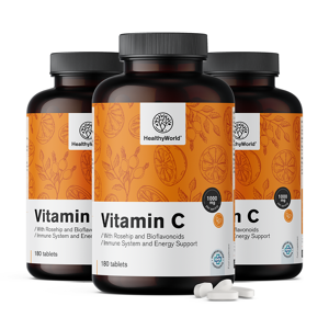 HealthyWorld® 3x Vitamina C 1000 mg - con rosa canina y bioflavonoides, en total 540 comprimidos