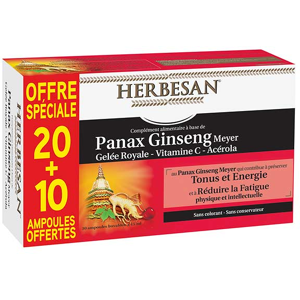 Herbesan Ginseng Gelée Royale 20 ampoules + 10 Offertes - Publicité