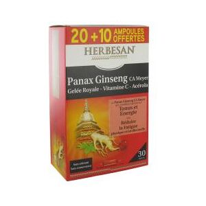 Herbesan Panax Ginseng CA Meyer Gelee Royale Vitamine C Acerola 20 Ampoules + 10 Ampoules Offertes - Boîte 30 ampoules de 15 ml