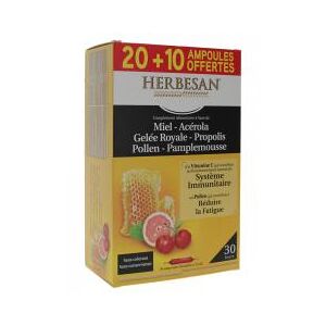 Herbesan Miel Gelee Royale Acerola Pollen Pamplemousse Propolis 20 Ampoules + 10 Offertes - Boîte 450 ml