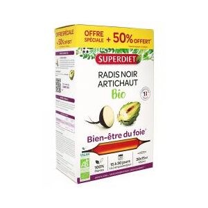 Superdiet Radis Noir - Artichaut Bio 20 Ampoules + 10 Ampoules Offertes - Boîte 30 ampoules de 15 ml