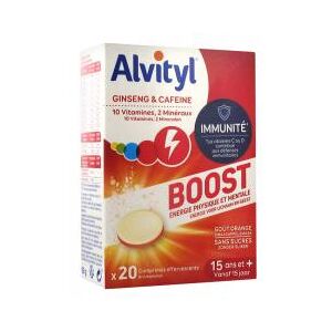 Alvityl Boost Comprimés Effervescents Goût Orange - Ginseng & Caféine 10 Vitamines 2 Minéraux - Dès 15 Ans - 20 Comprimés - Boîte 20 comprimés effervescents - Publicité