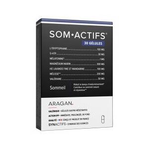 Aragan Synactifs Somactifs® - Sommeil - Melatonine Melisse Valeriane Huiles Essentielles Magnesium - 30 Gelules - Boîte 30 gelules