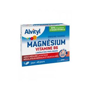 Alvityl Magnesium + Vitamine B6 - Liberation Prolongee - Origine Marine - 99% d'Origine Naturelle - Aide a Reduire la Fatigue - Fabrique en France - 45 Jours - Des 12 Ans - Boîte 45 comprimes