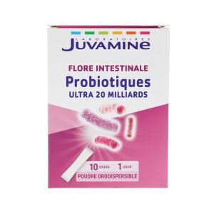 Juvamine Probiotiques Ultra 20 Milliards Flore Intestinale 10 Sticks de Poudre Orodispersible a Avaler - Boîte 10 sticks