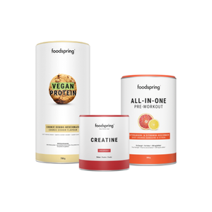 foodspring Pack Fitness Vegan   3x   Proteine vegetale + All-in-One Pre-Workout + Poudre de creatine