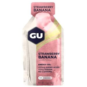 GU ENERGY GEL Fraise/Banane Boîte de 24 gels Gel énergétique Sodium BCAA Idéal pendant l'effort 100Kcal - Publicité