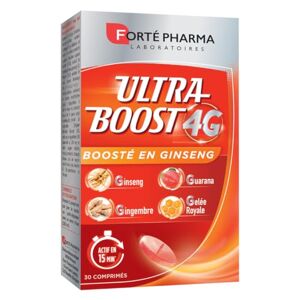 Forté Pharma Ultra Boost 4G   Ginseng Guarana Gelée Royale Gingembre   Booster d'Energie Anti-Fatigue   Complément Alimentaire à base de Caféine et Acérola   30 comprimés 1/jour - Publicité