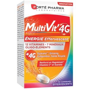 Forté Pharma Multivit' 4G Energie Effervescent Complément Alimentaire Forme, Tonus, Fatigue Vitamine C, Vitamine D, Ginseng, Gelée Royale, Magnésium, Zinc, Minéraux 30 Comprimés, 1/jour - Publicité