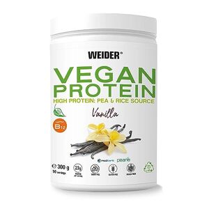 Weider Vegan Protein (300g) Goût Vanille, Protéines 100% Vegetal 23g/dose, Pois (Isolat Pisane) & Riz, Avec Vitamine B12 & Stevia, Sans Gluten, Sans Sucre, Emballage 50% Recyclé, 100% Recyclable - Publicité