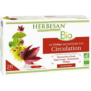 Herbesan ®- QUATUOR CIRCULATION BIO Marronnier d'Inde, Vigne rouge, Hamamélis, Ginkgo Fabrication française 20 ampoules de 15ml - Publicité