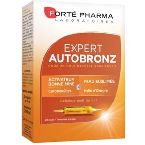 Forté Pharma Expert AutoBronz Complément Alimentaire Bronzant Carothénoïdes, Huile d'Onagre, Bêta-carotène, Vitamine E Effet Bonne Mine & Hâle naturel, Antioxydant 20 ampoules, 1/jour - Publicité