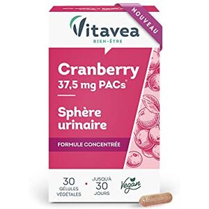 VITAVEA BIEN-ETRE Vitavea Cranberry Extraits de Fruits Sphère urinaire Formule concentrée 37,5 mg PACs 30 gélules végétales Fabriqué en France - Publicité