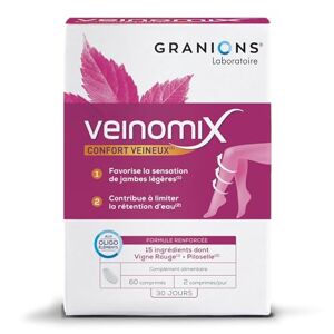 Granions Veinomix   Favorise la sensation de jambes légères et limite la rétention d'eau   Vigne Rouge + Piloselle + Vitamines & Oligoéléments   Marque Française   60 comprimés - Publicité