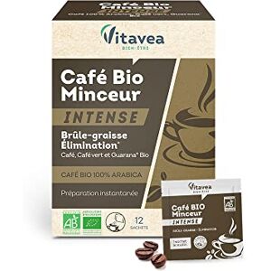 VITAVEA BIEN-ETRE Vitavea Café Minceur BIO Intense Brûle-graisse Elimination Silhouette affinée Café soluble 100% Arabica Guarana origine naturelle et biologique 12 sachets Fabriqué en France - Publicité