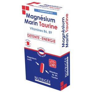 Nutrigee Magnésium Marin Taurine • Comprimé double action • Détente & énergie • 300 mg de Magnésium/comprimé • Vitamine B6 & B9 • + Taurine • 30 comprimés • 1 cp/jour • Fabriqué en France • Nutrigée - Publicité