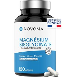 NOVOMA Magnésium Bisglycinate + Taurine & Vitamine B6, Haute Teneur 300mg /j, 120 gélules, Combat la Fatigue et le Stress, Mieux Absorbé que le Magnesium Marin, Fabriqué en France - Publicité