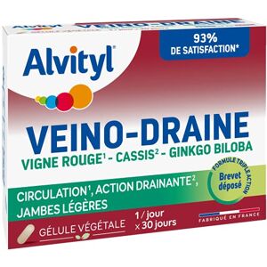 Alvityl Veino-Draine Circulation, Action drainante, Jambes légères Vigne rouge 93% de satisfaction- 30 gélules - Publicité