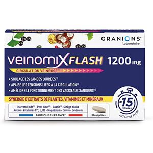 GRANIONS Veinomix Flash 1200 mg : circulation veineuse, jambes lourdes, hémorroïdes Plantes (marronnier d'inde, petit houx), vitamines, minéraux 30 comprimés à libération flash made in France - Publicité