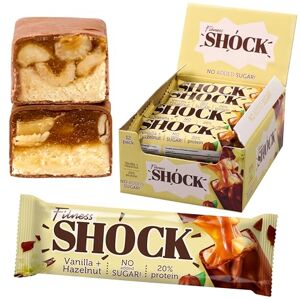 FitnesSHOCK barres protéinées avec une teneur élevée de 20% de protéines et faible en glucides (5,5g), Barres de protéines fitness presque sans sucre (1g), riches en fibres, noisette-vanille, 12x50g - Publicité