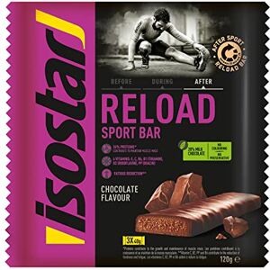 Isostar Reload Sport Bar Chocolat Barres de Récupération Protéinées Après l'Effort Encas Sain Sportif Sans Colorant Sans Conservateur 1 Paquet de 3 Unités (3 x 40 g) - Publicité