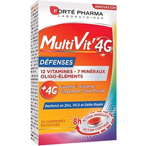 Forté Pharma Multivit' 4G Défenses Complément Alimentaire Forme et Tonus 12 Vitamines et 7 Minéraux Renforcé en Zinc, Vitamine D, Magnésium Anti fatigue 30 comprimés Bi-couches - Publicité