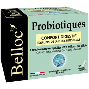 Belloc Probiotiques Confort digestif – Equilibre de la Flore Intestinale 4 Souches Microbiotiques Dès 11 ans 30 Gélules Végétales - Publicité