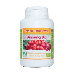 France Herboristerie 200 gélules GINSENG BIO AB dosées à 300 mg.