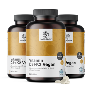 HealthyWorld® 3x Vitamines véganes D3+K2, ensemble 720 comprimés