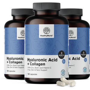 HealthyWorld® 3x Complexe acide hyaluronique + collagène, ensemble 540 gélules