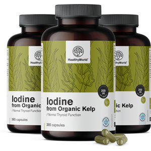 HealthyWorld® 3x Iode naturel 200 µg - a partir d'algues kelp BIO, ensemble 1095 gelules