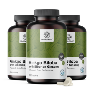 Healthy World 3x Ginkgo biloba avec ginseng sibérien 6600 mg, ensemble 1095 comprimés - Publicité
