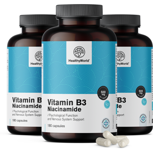 Healthy World 3x Vitamine B3 500 mg – niacinamide, ensemble 540 gélules