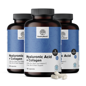 Healthy World 3x Complexe acide hyaluronique + collagene, ensemble 540 gelules