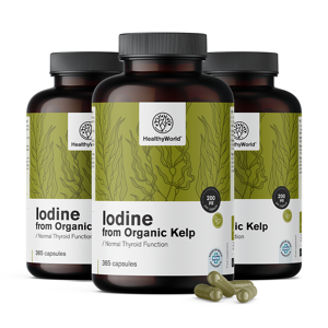 Healthy World 3x Iode naturel 200 µg - a partir d'algues kelp BIO, ensemble 1095 gelules