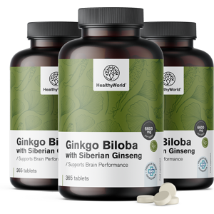 HealthyWorld® 3x Ginkgo biloba con ginseng siberiano 6600 mg, totale 1095 compresse