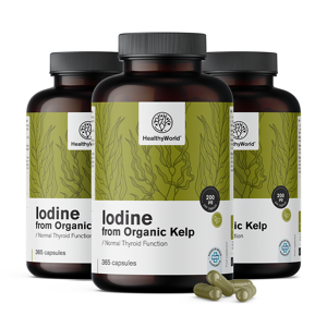 HealthyWorld® 3x Iodio naturale 200 µg - da BIO alghe kelp, totale 1095 capsule