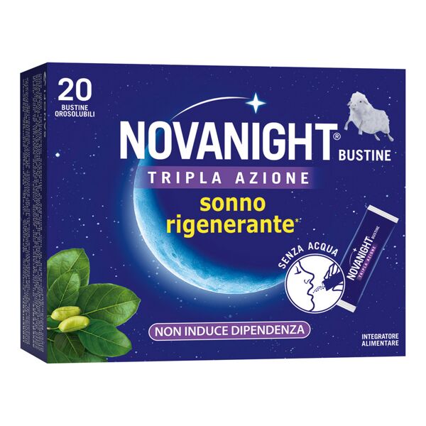 opella healthcare italy srl novanight tripla azione, integratore alimentare con melatonina per dormire, magnesio e griffonia, senza glutine, 20 bustine orosolubili al gusto camomilla e agrumi