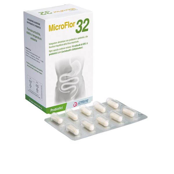 cemon srl microflor 32 - integratore alimentare con probiotici e prebiotici, 60 capsule 366mg, favorisce l'equilibrio della flora intestinale