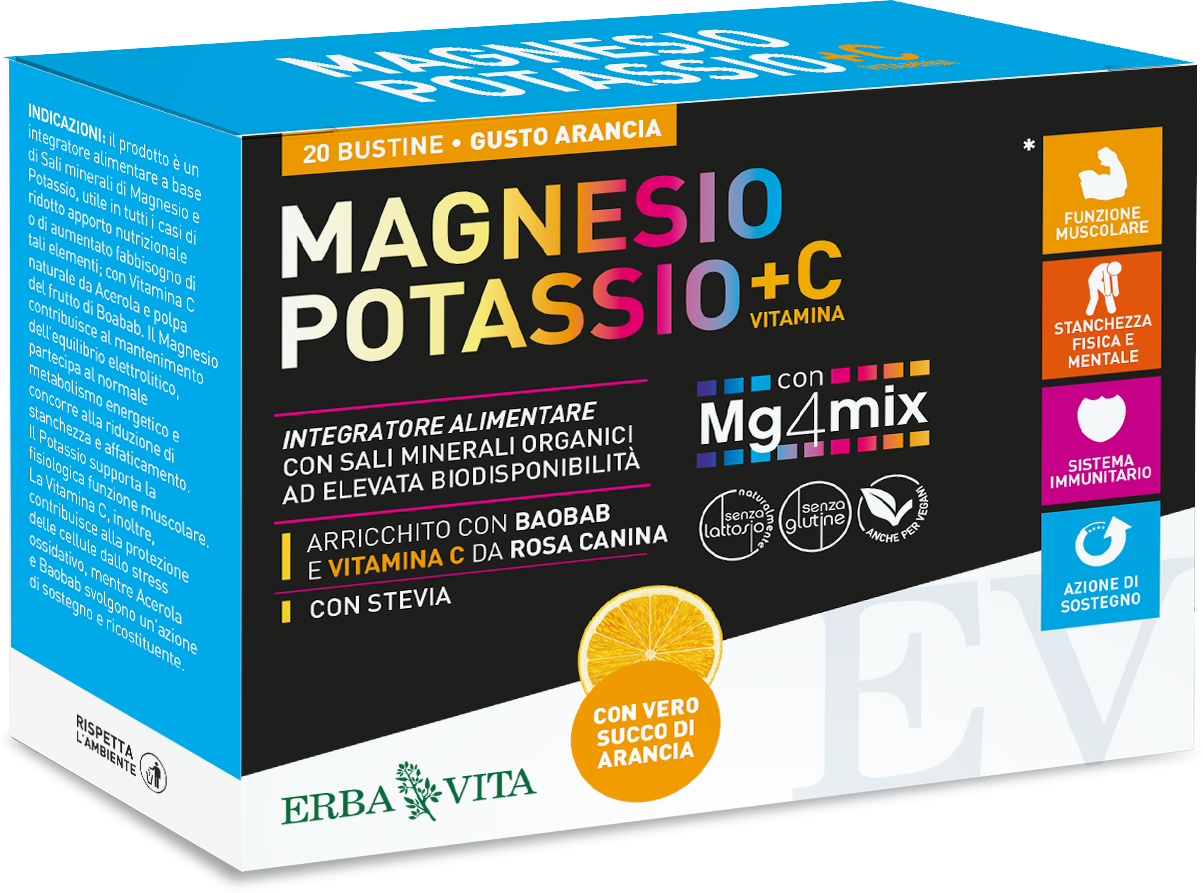 Erba Vita Magnesio e Potassio + Vitamina C Integratore Gusto Arancio 20 Bustine