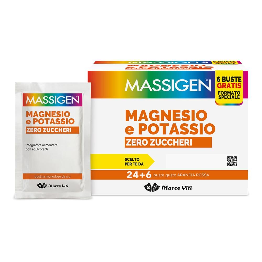 MARCO VITI FARMACEUTICI SpA Massigen Magnesio e Potassio Zero Zuccheri Integratore 24+6 bustine - Marco Viti Farmaceutici