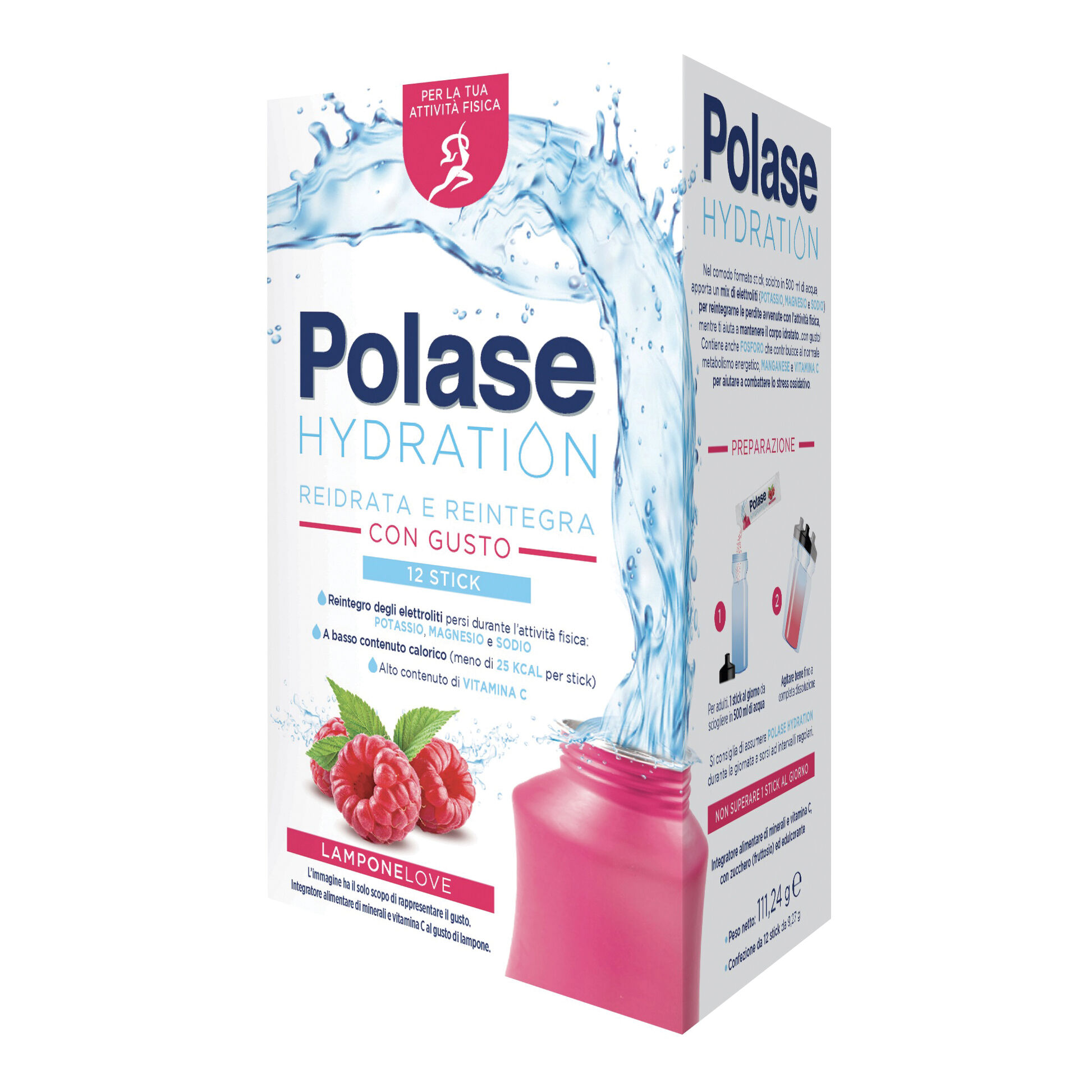 POLASE Hydration Integratore Magnesio E Potassio Sali Minerali Vitamina C Lampone 12 Stick