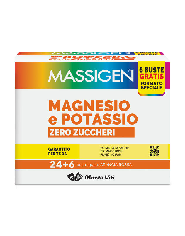 MASSIGEN Magnesio E Potassio Zero Zuccheri 24 + 6 Bustine Da 4 Grammi