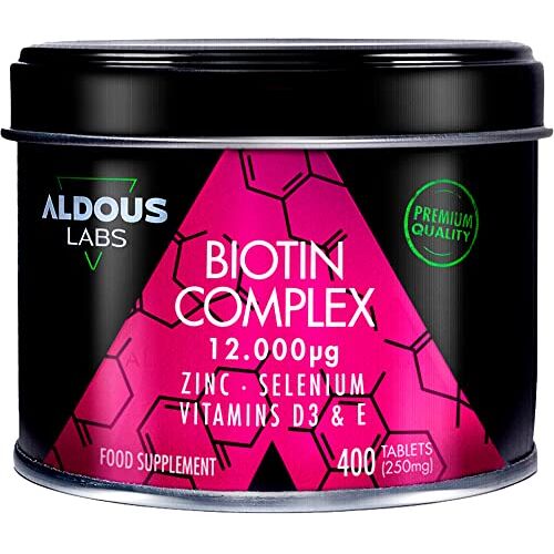 Aldous Labs Biotine 12000 mcg   400 Capsules van 250 mg   Biotin, Zink, Selenium, Vitamine D3 en Vitamine E   Biotine voor haar, huid en nagels   Haargroei Vitamines voor haar en nagels   Geproduceerd in EU