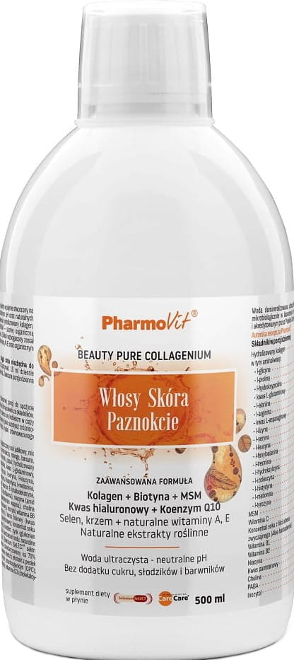 PHARMOVIT SP. Z O. O. Biotyna kolagen MSM koenzym Q10 Włosy skóra paznokcie 500ml PharmoVit