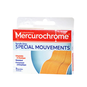 Mercurochrome Pansements Bande Tissu Spécial Mouvements 10cm x 6cm boite de 5 - Publicité