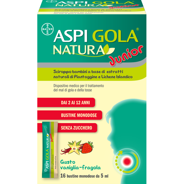 bayer spa aspi gola natura junior 16 bustine monodose da 5ml vaniglia e fragola